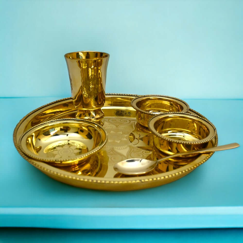 6 Items Brass Thali set, 1 Thali 2 Bowls, 1 Dessert Plate , 1 Glass and 1 Spoon Dinner Set (Gold) - Royalstuffs.com