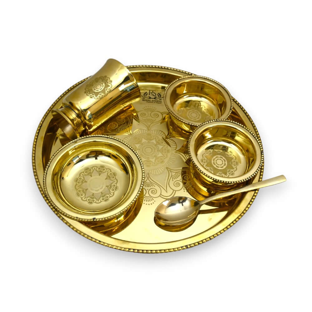 6 Items Brass Thali set, 1 Thali 2 Bowls, 1 Dessert Plate , 1 Glass and 1 Spoon Dinner Set (Gold) - Royalstuffs.com