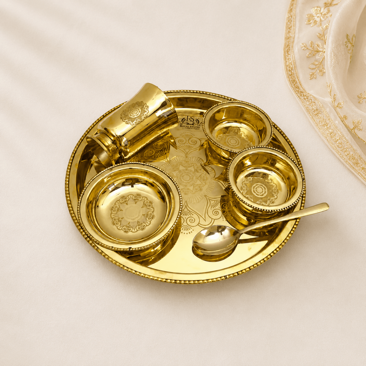 6 Items Brass Thali set, 1 Thali 2 Bowls, 1 Dessert Plate , 1 Glass and 1 Spoon Dinner Set (Gold) - Royalstuffs.com