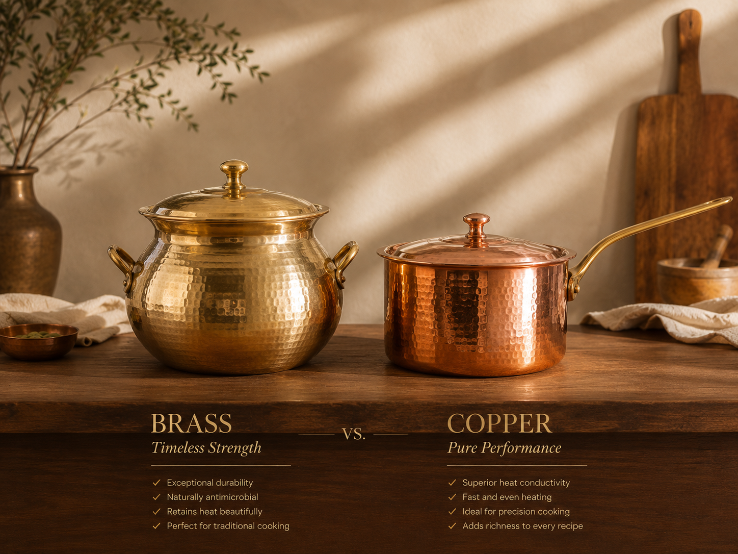 Heirloom copper stock pots hanging in a minimal luxury kitchen