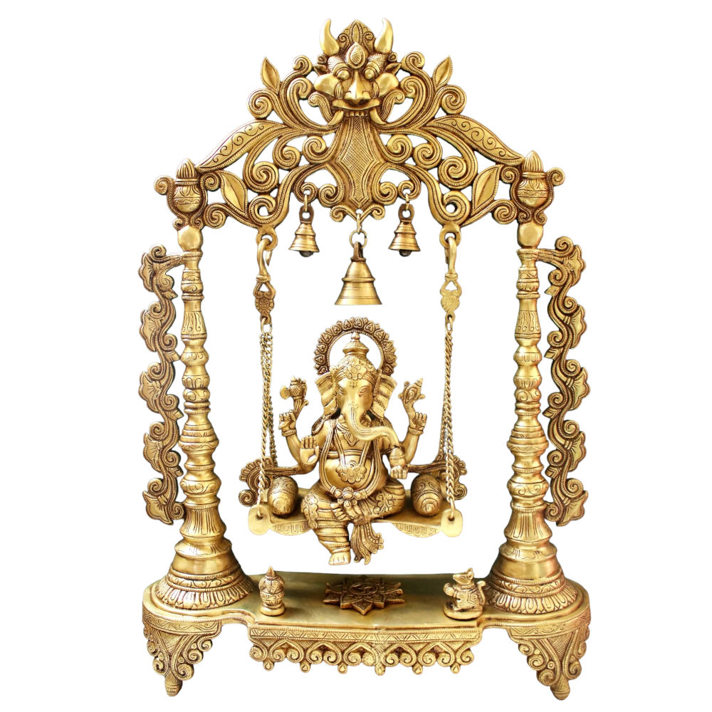 Brass Ganesha Idol Murti Sitting on Jhula for Worship Temple Home, 66 cm HEIGHT