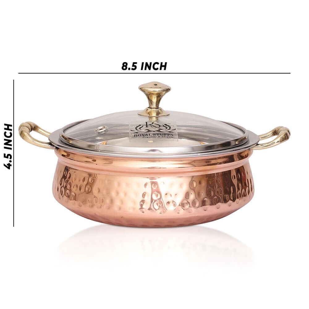 780 ML Steel Copper Hammered Design Handi/Bowl/Casserole with Toughened Glass Lid - Royalstuffs.com