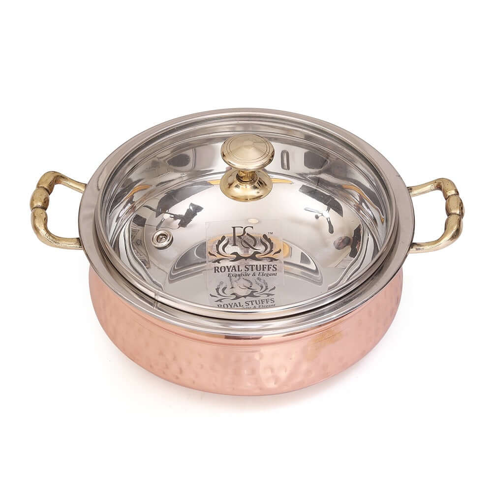 780 ML Steel Copper Hammered Design Handi/Bowl/Casserole with Toughened Glass Lid - Royalstuffs.com