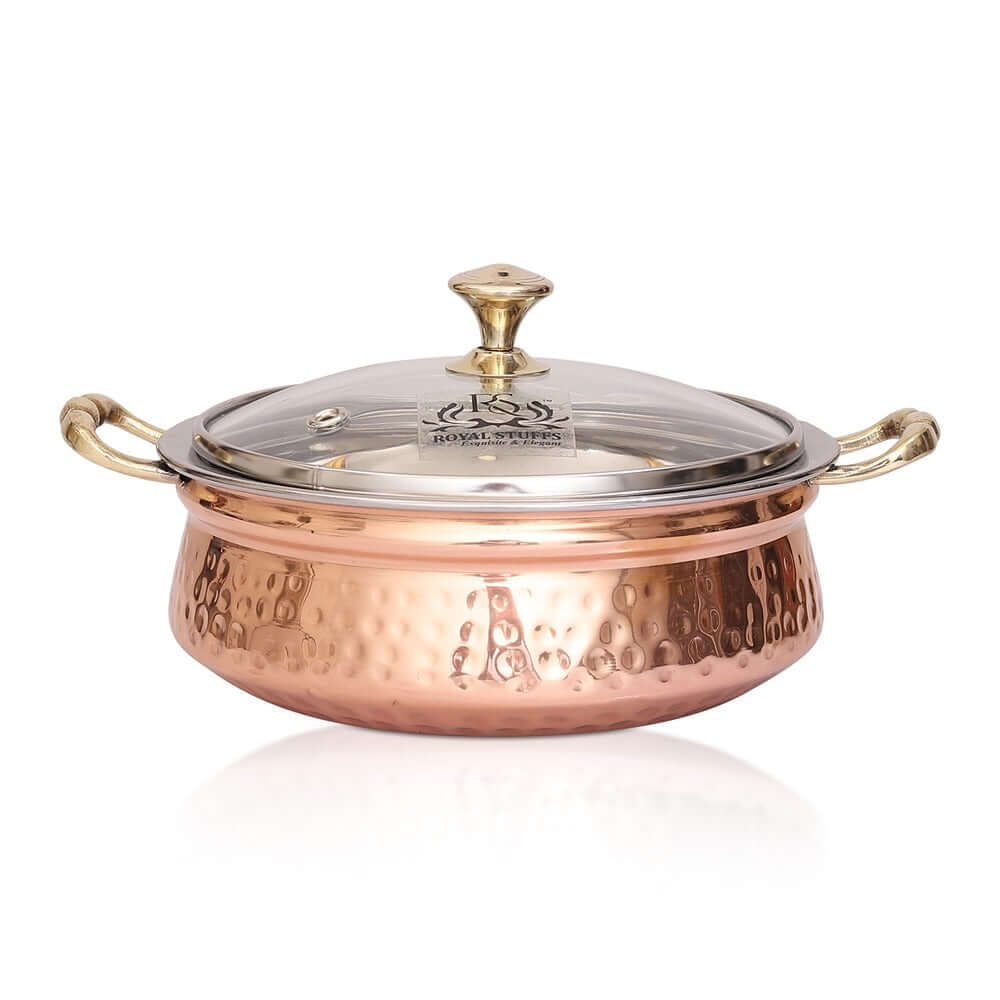 780 ML Steel Copper Hammered Design Handi/Bowl/Casserole with Toughened Glass Lid - Royalstuffs.com