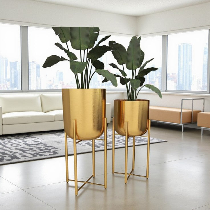CosmoLiving Decorative Gold Metal Glam Planter Set of 2 with Modern Stand