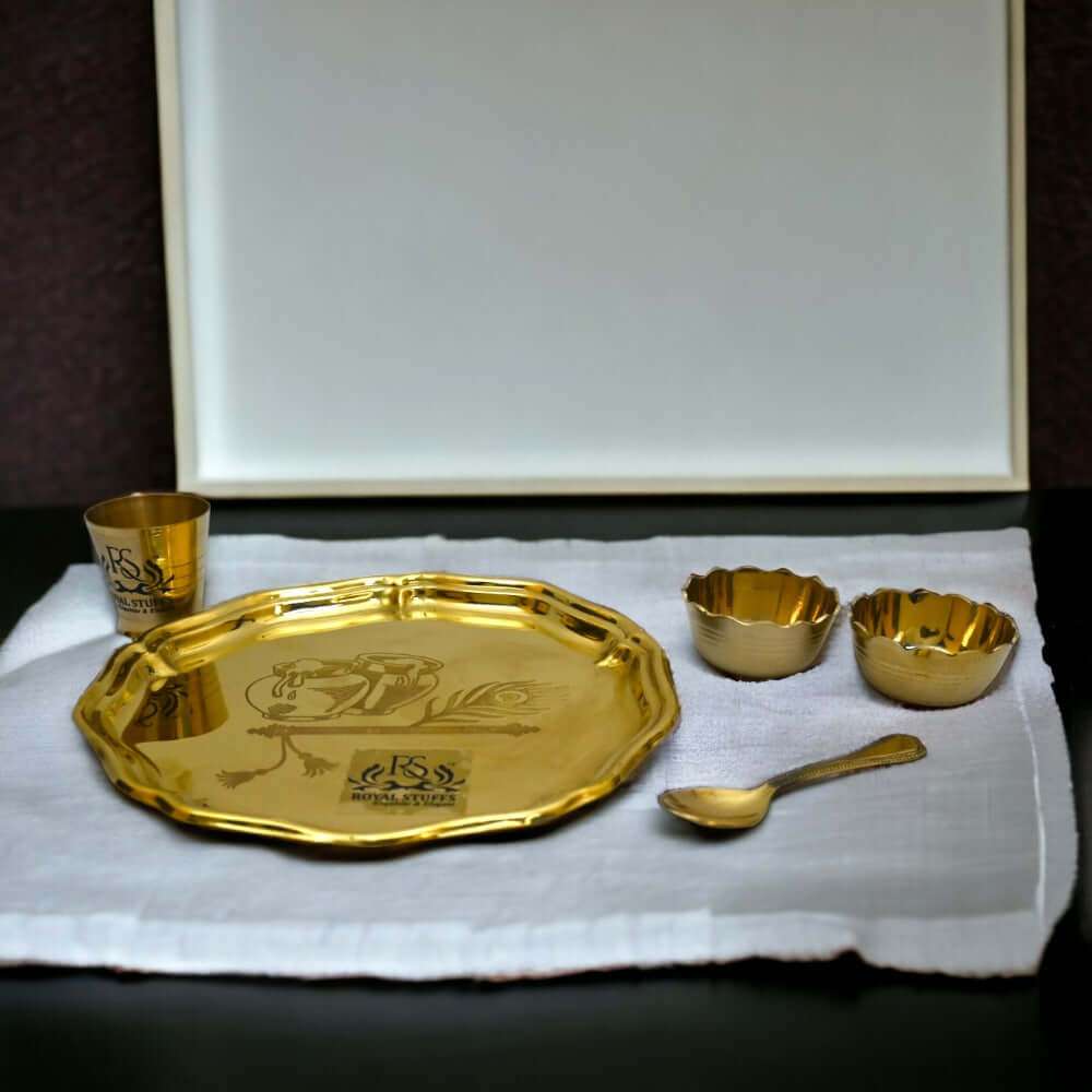 8 Inch 5 Items Brass Thali set, 1 Thali 2 Bowls,1 Glass and 1 Spoon Dinner Set (Gold),Weight: 275 Gram - Royalstuffs.com