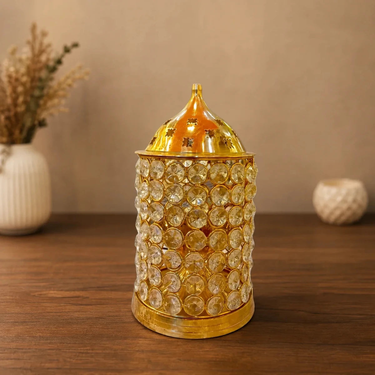 8-Inch Brass Akhand Jyoti Crystal Diya - Royalstuffs.com