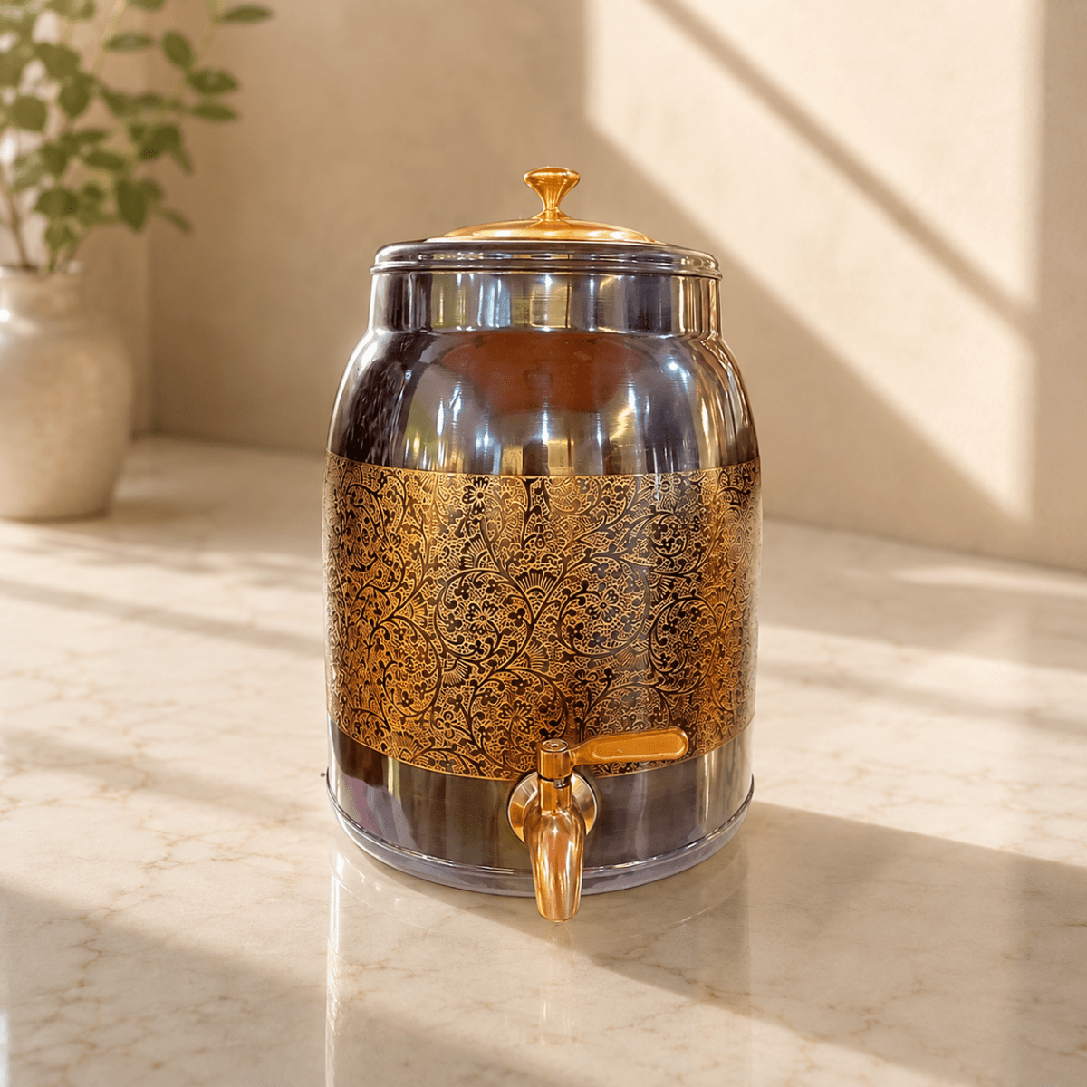 8 Liter Pure Copper Water Dispenser with Lesser Etching Antique Finish - 8000ML - Royalstuffs.com
