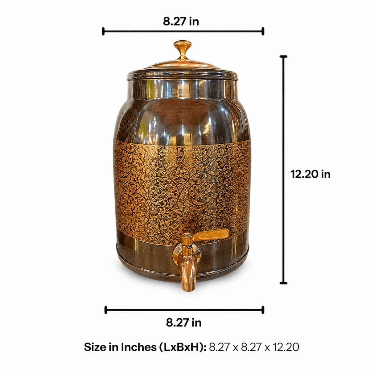 8 Liter Pure Copper Water Dispenser with Lesser Etching Antique Finish - 8000ML - Royalstuffs.com
