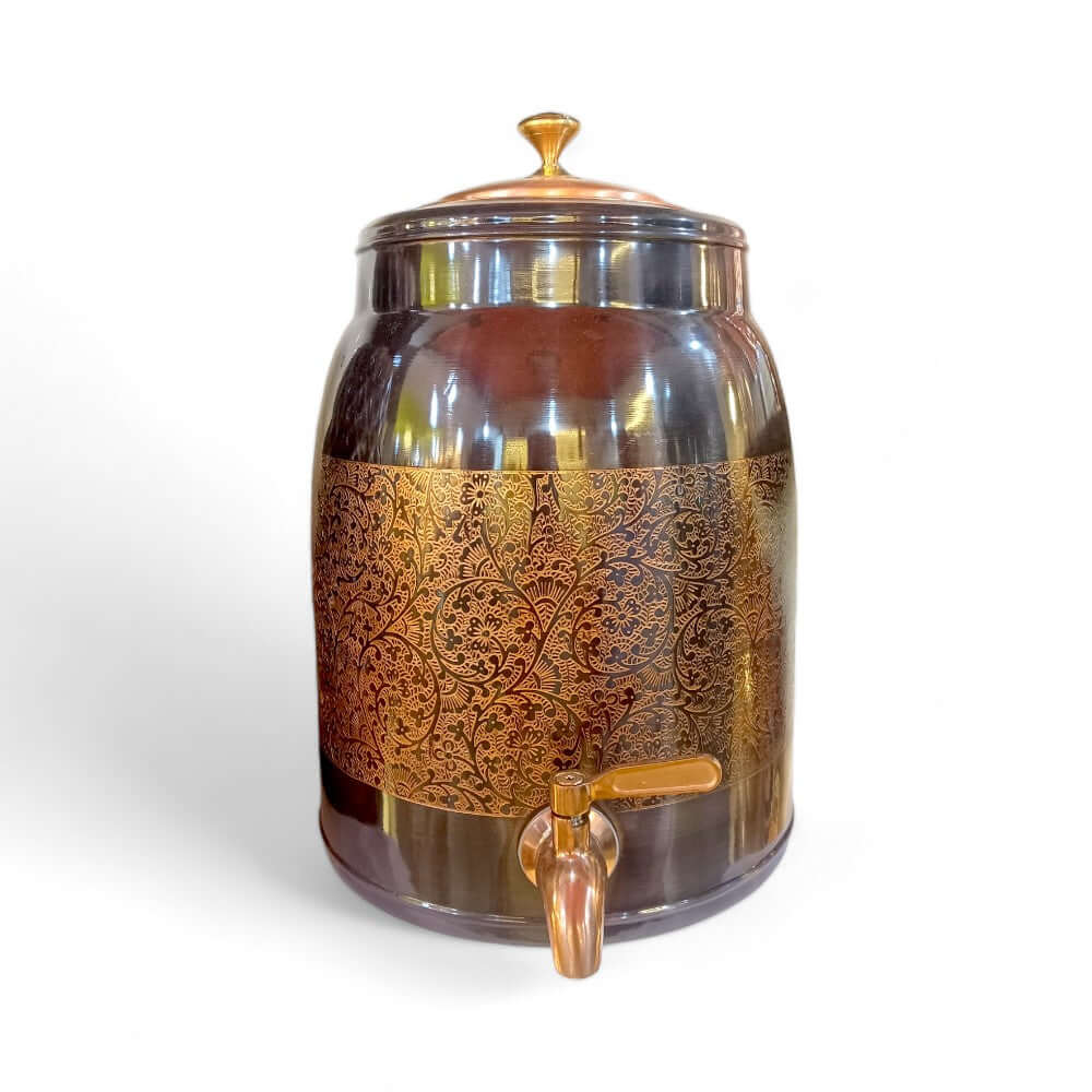 8 Liter Pure Copper Water Dispenser with Lesser Etching Antique Finish - 8000ML - Royalstuffs.com