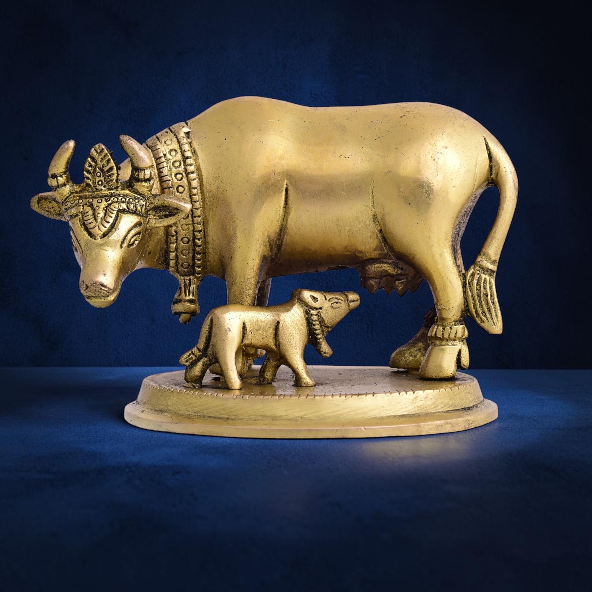 Handcrafted Brass Kamdhenu Cow with Calf Idol (3.5 Inch) | RoyalStuffs