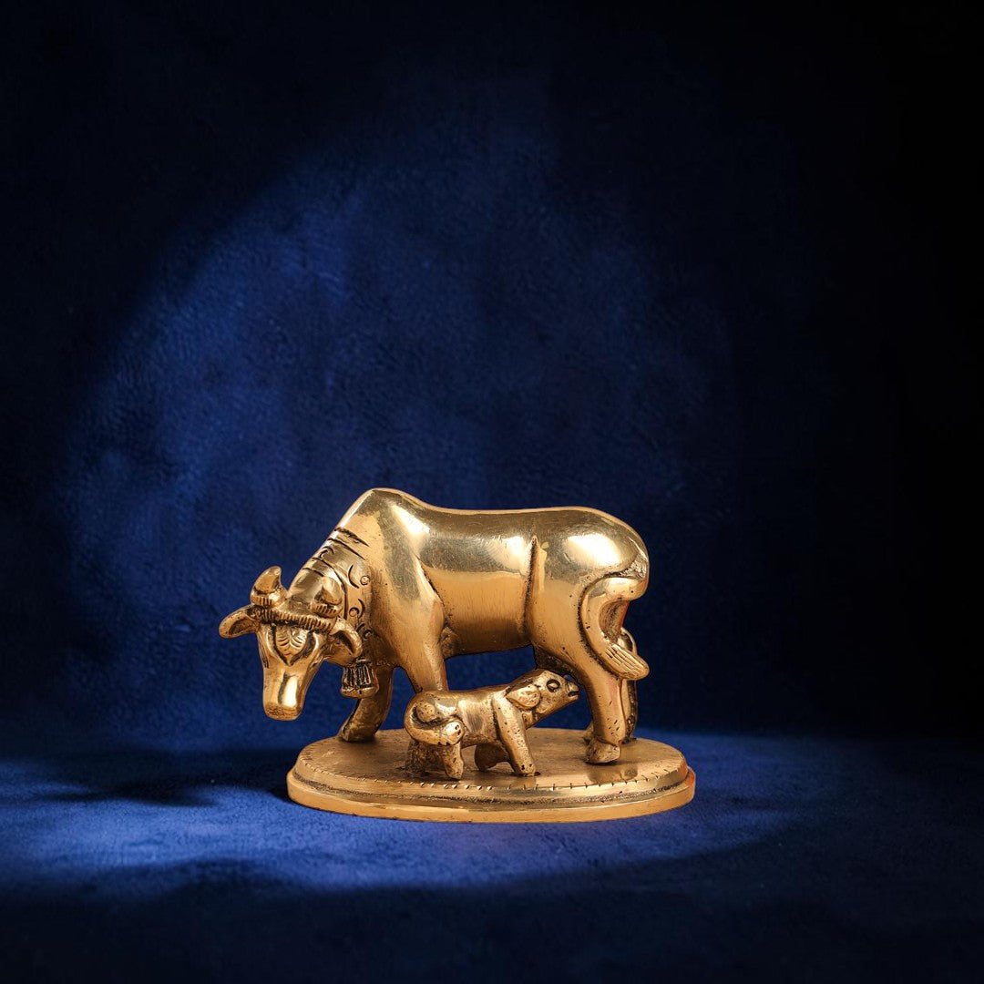 Handcrafted Brass Kamdhenu Cow with Calf Idol (2.5 Inch) | RoyalStuffs