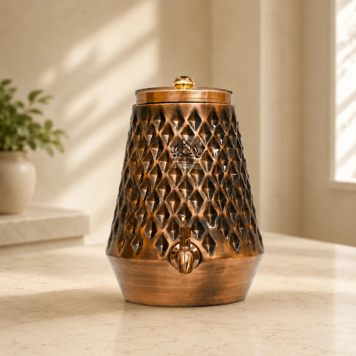 8L Copper Matka Water Dispenser Jug w/ Brass Tap - Royalstuffs.com