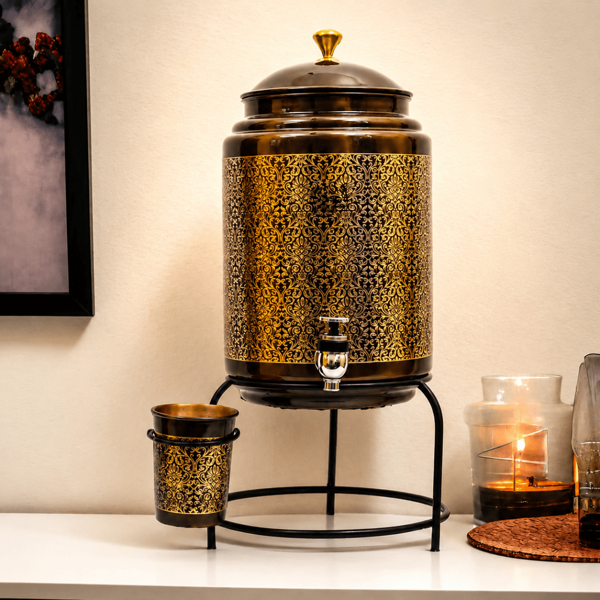 8L Copper Water Dispenser Set with Glass & Stand - Stylish Water Storage and Serving Solution - Royalstuffs.com