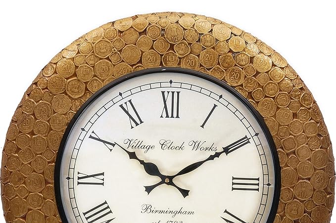 Wood Brass Metal Coin Embossed Indian Vintage Analog Wall Clock (Gold, 12x12 Inch)