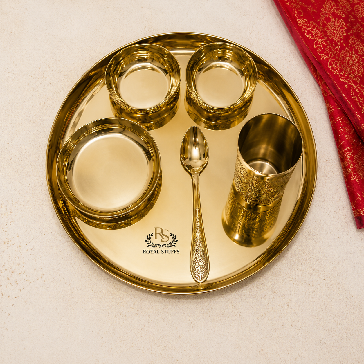 ROYALSTUFFS 12Inch Kansa Utensil 6 Piece Embossed Designer Dinner Thali Set for Home Hotel Restaurant with 1 Dinner Plate, 2 Bowl, 1 Rice Plate, 1 Glass, & 1 Spoon