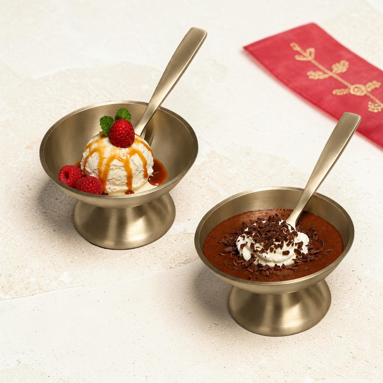 Handmade Pure Kansa Ice Cream Cup with Spoon Matt | Set of 2 | Traditional Bronze Dessert Bowl