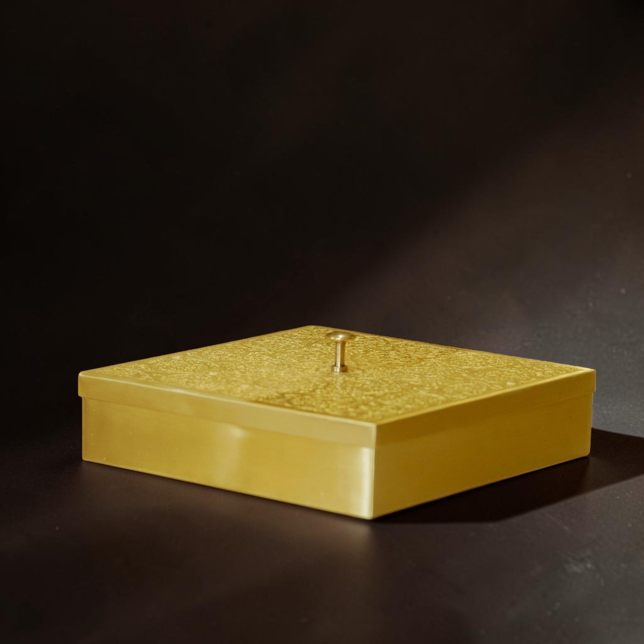 Hammered Brass Masaladani Square Shape with Tin (Kalai) Coating – Premium Spice Box with Lid & Spoon | Medium | RoyalStuffs