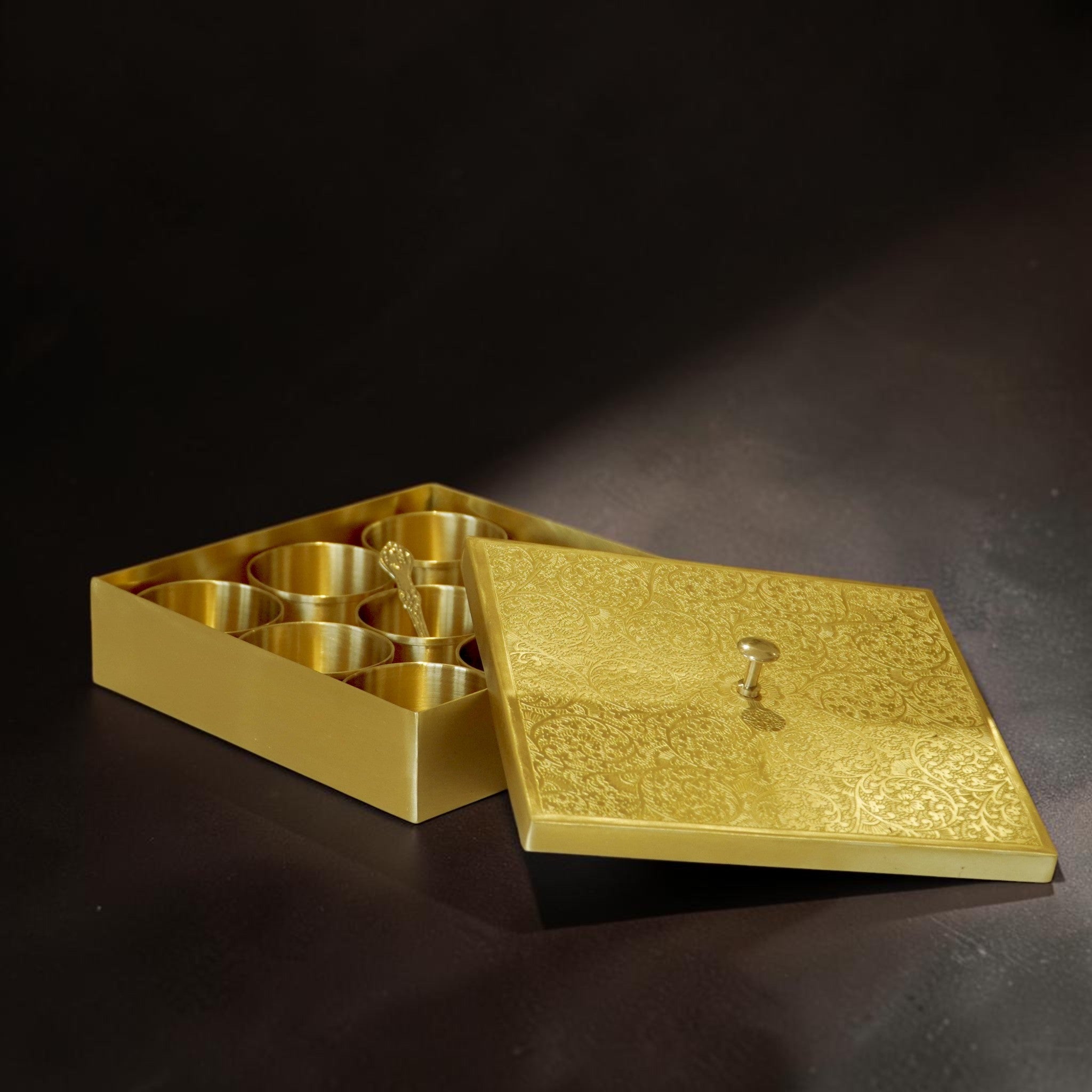 Hammered Brass Masaladani Square Shape with Tin (Kalai) Coating – Premium Spice Box with Lid & Spoon | Medium | RoyalStuffs