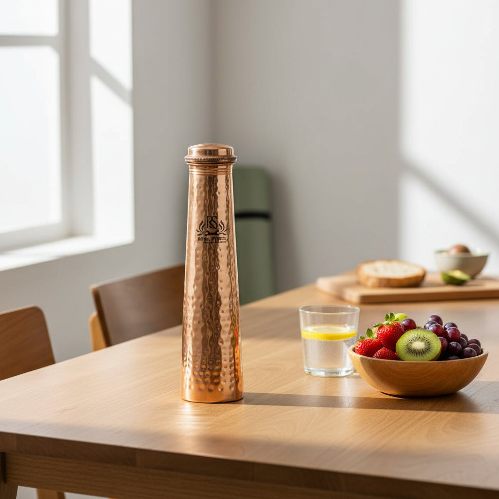 ROYALSTUFFS Leak Proof | Pure Copper Hammered Bottle Tower Shape For Yoga | Copper Drinking Bottle for Sports, 700 ML