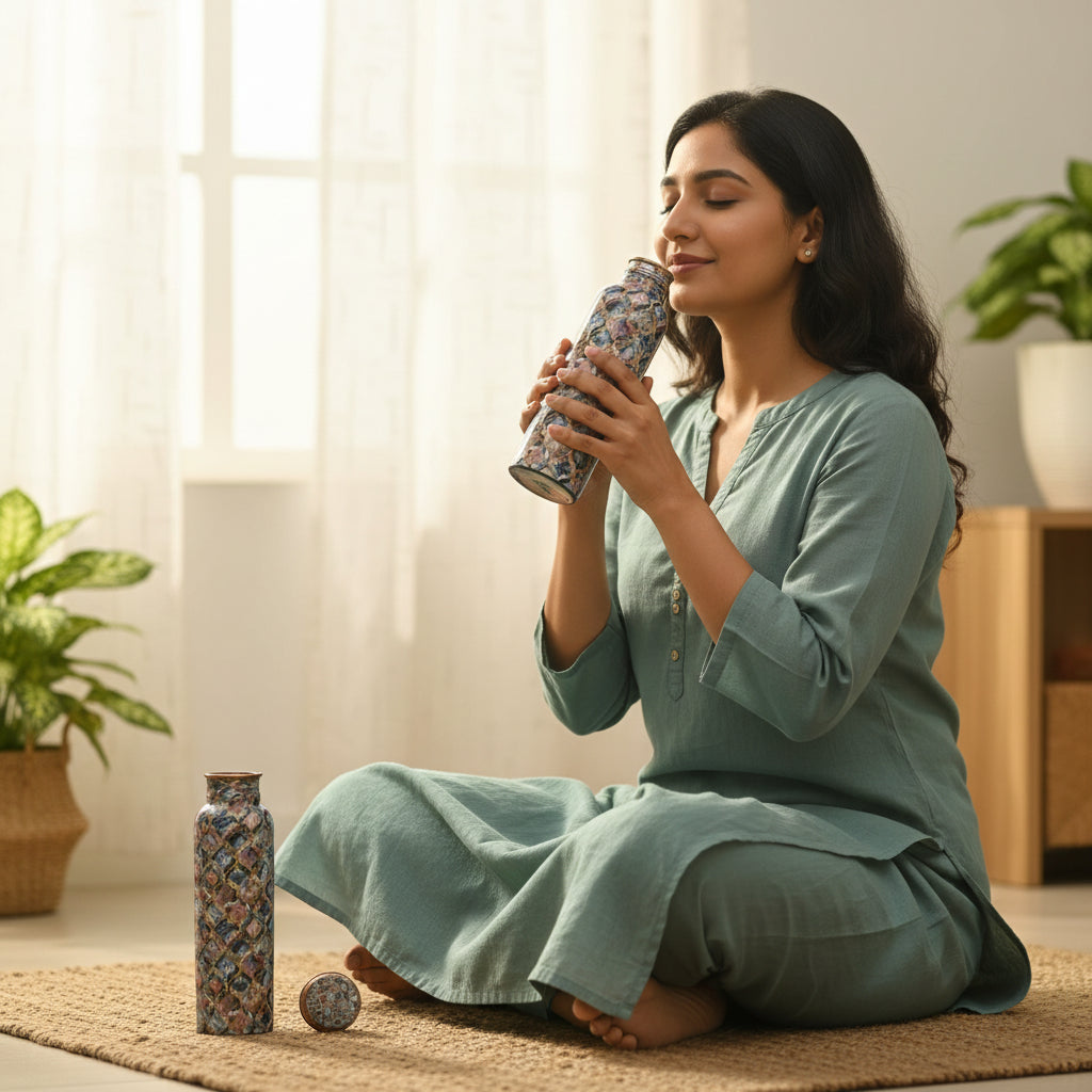 ROYALSTUFFS Pure Copper Vessel Leak Proof Ayurvedic Drinkware Designer Meena Printed Water Bottle (1000ML)