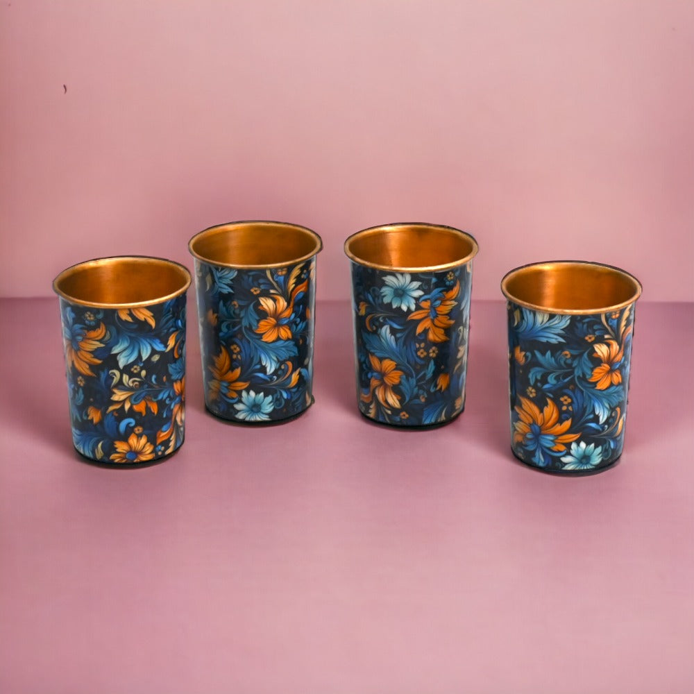 Pure Copper Digital Printed Flower Design Glass Tumbler, 300 ML, Set of 4