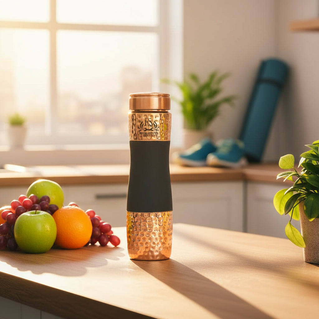 ROYALSTUFFS Pure Copper Hammered Design Pitchers And Bedside Carafes With Tumbler Water Bottle Storage With Lid 1000 ML (Black)