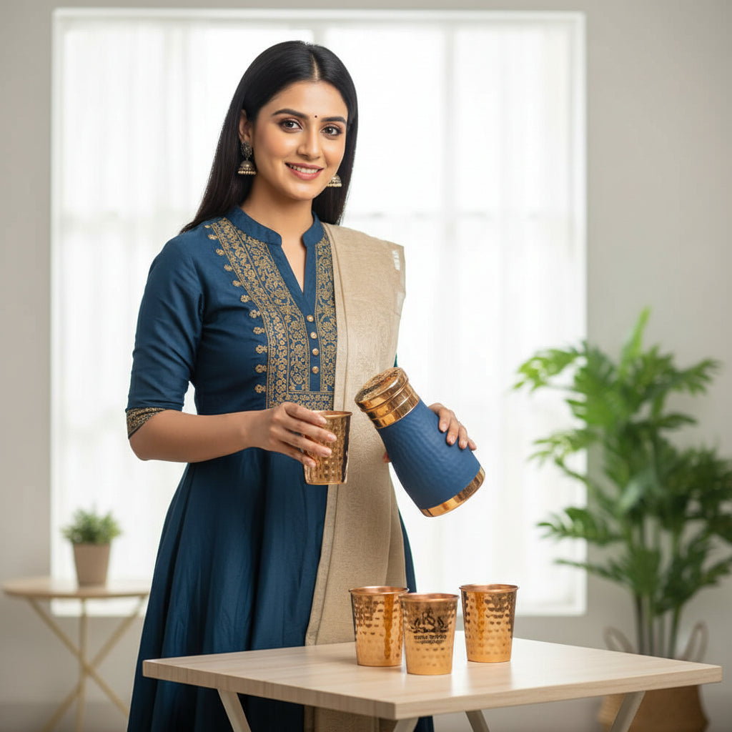 ROYALSTUFFS Pure Copper Bedside Water Carafe |Premium Quality Copper Bottle with 4 Hammered Glasses Tumbler for Water| Leak Proof | Ayurvedic Health Benefits -1000 ml