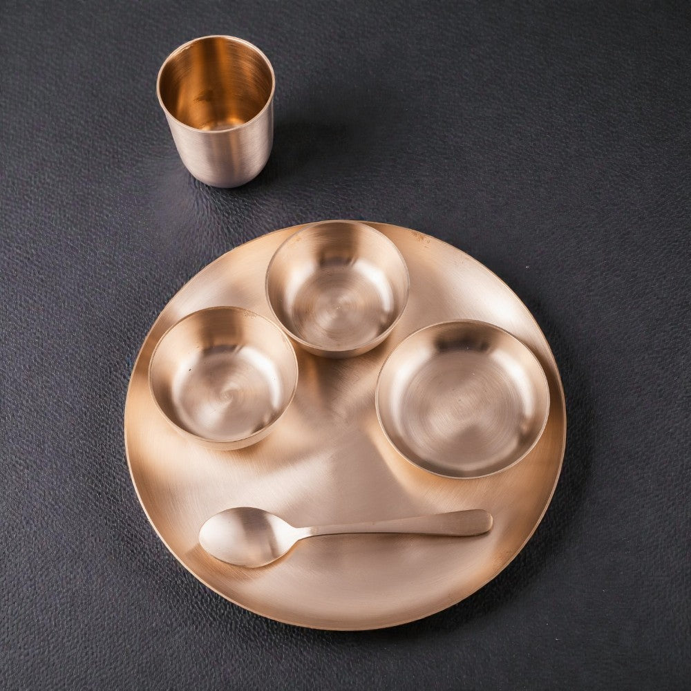 ROYALSTUFFS 11.8 Inch Matt Finish Kansa Bhojan Set Traditional Indian Dining Kit with Thali, Glass, Wati, Sweet Dish & Spoon - Ayurvedic Kansa Dinner Set of 6