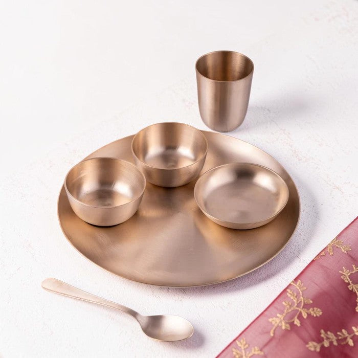 ROYALSTUFFS 11.8 Inch Matt Finish Kansa Bhojan Set Traditional Indian Dining Kit with Thali, Glass, Wati, Sweet Dish & Spoon - Ayurvedic Kansa Dinner Set of 6