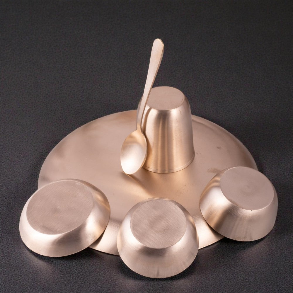 ROYALSTUFFS 11.8 Inch Matt Finish Kansa Bhojan Set Traditional Indian Dining Kit with Thali, Glass, Wati, Sweet Dish & Spoon - Ayurvedic Kansa Dinner Set of 6