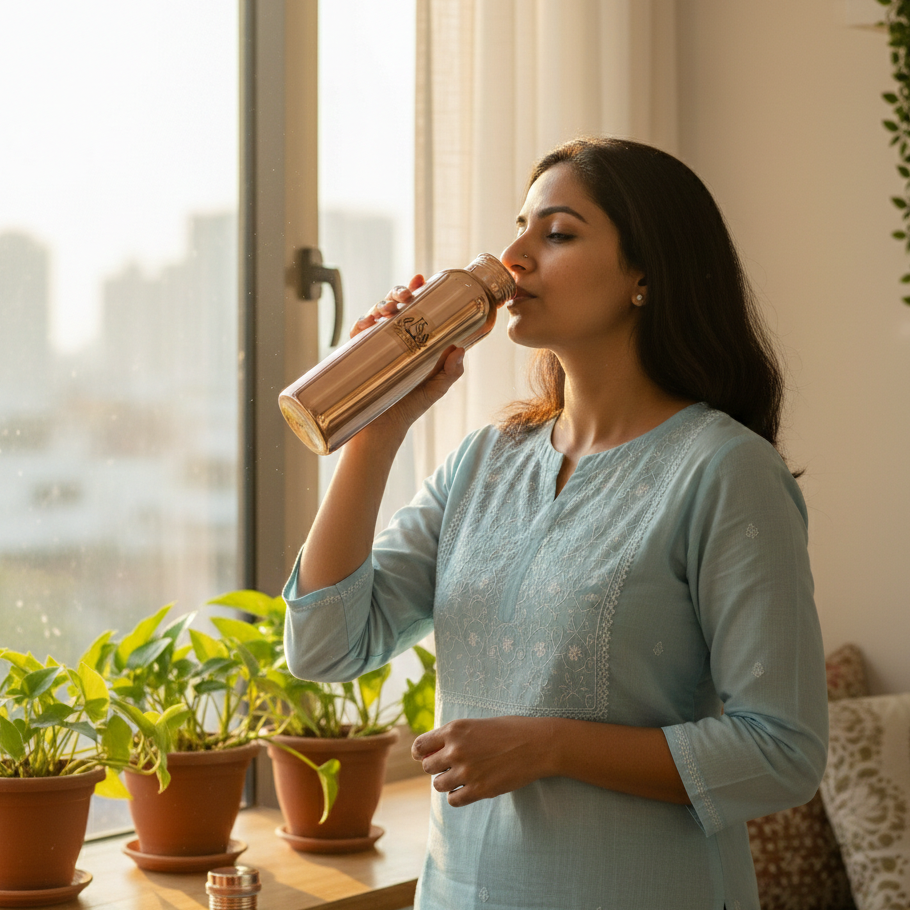 Woman drinking from a copper bottle in a home setting with plants and a cityscape view.