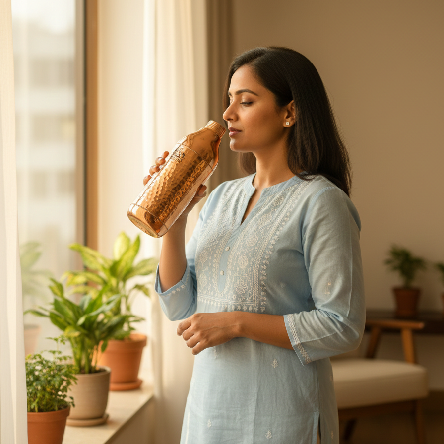Woman in a light blue kurta drinking from a copper mug in a bright room with plants.