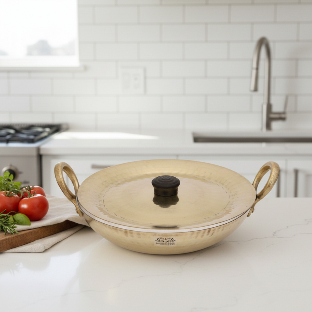 Gold-colored wok with a lid on a white background