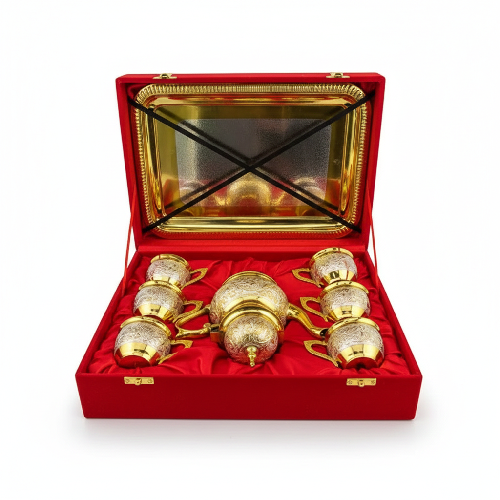ROYALSTUFFS Brass Gold & Silver Tea Set with Red Velvet Box