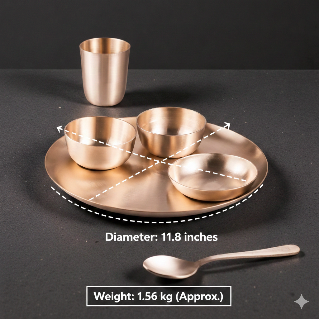 ROYALSTUFFS 11.8 Inch Matt Finish Kansa Bhojan Set Traditional Indian Dining Kit with Thali, Glass, Wati, Sweet Dish & Spoon - Ayurvedic Kansa Dinner Set of 6