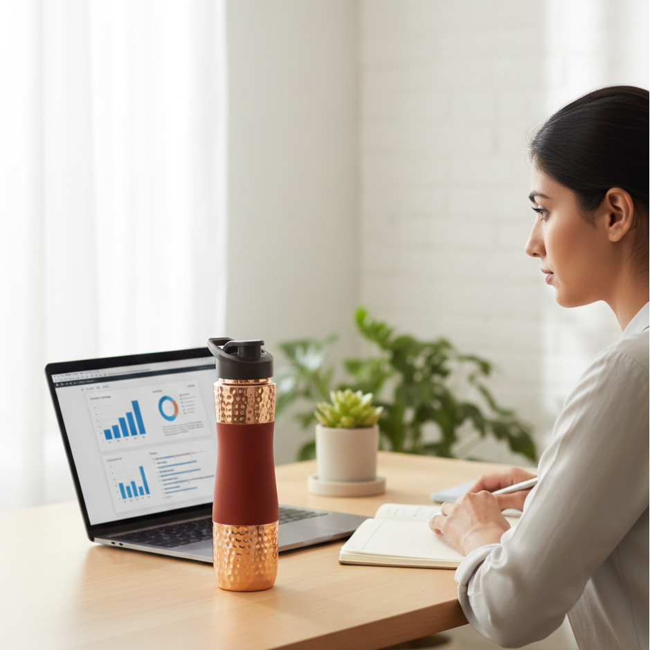 Designer Copper Hammered Sipper Bottle with Red Silicone Grip - 1 Liter