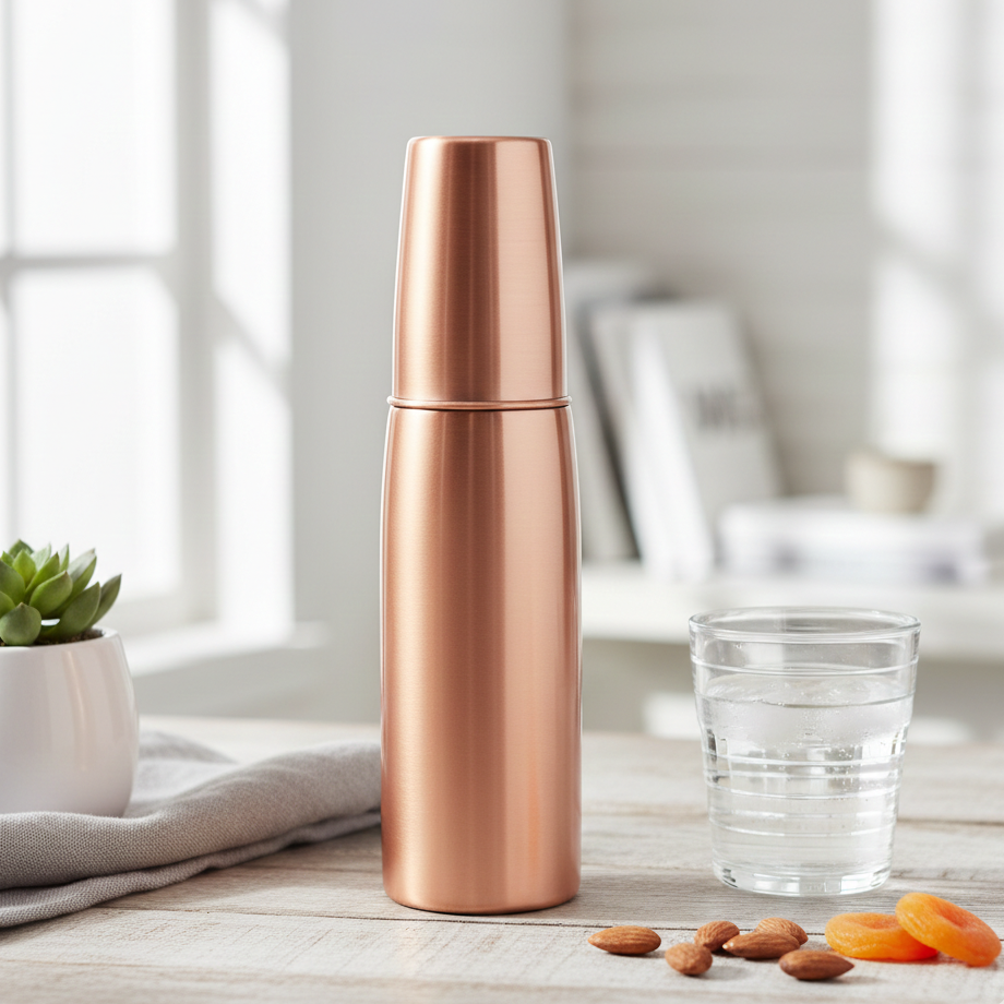 Copper water bottle on a wooden surface with a glass of water and snacks in the background.