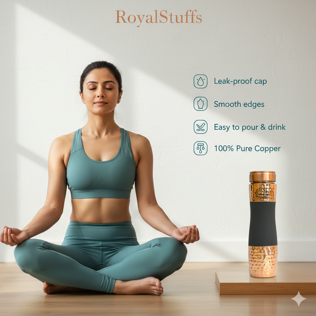 ROYALSTUFFS Pure Copper Hammered Design Pitchers And Bedside Carafes With Tumbler Water Bottle Storage With Lid 1000 ML (Black)