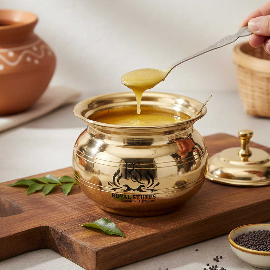 Gold pot with a spoon pouring a yellow liquid onto a wooden board, surrounded by traditional items.