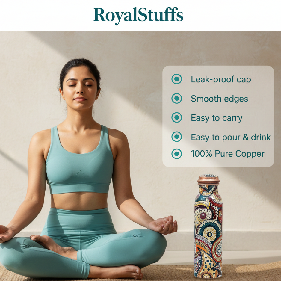 Copper Water Bottle - Colorful Paisley Joint Less Leak Proof Ayurveda Health Benefit Vessel for Sports and Yoga - 1000 ML