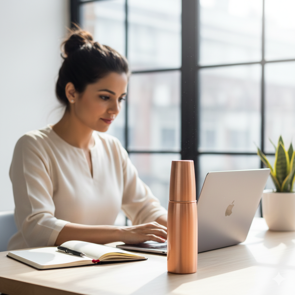 Woman working on a laptop at a desk with a copper water bottle and notebook.
