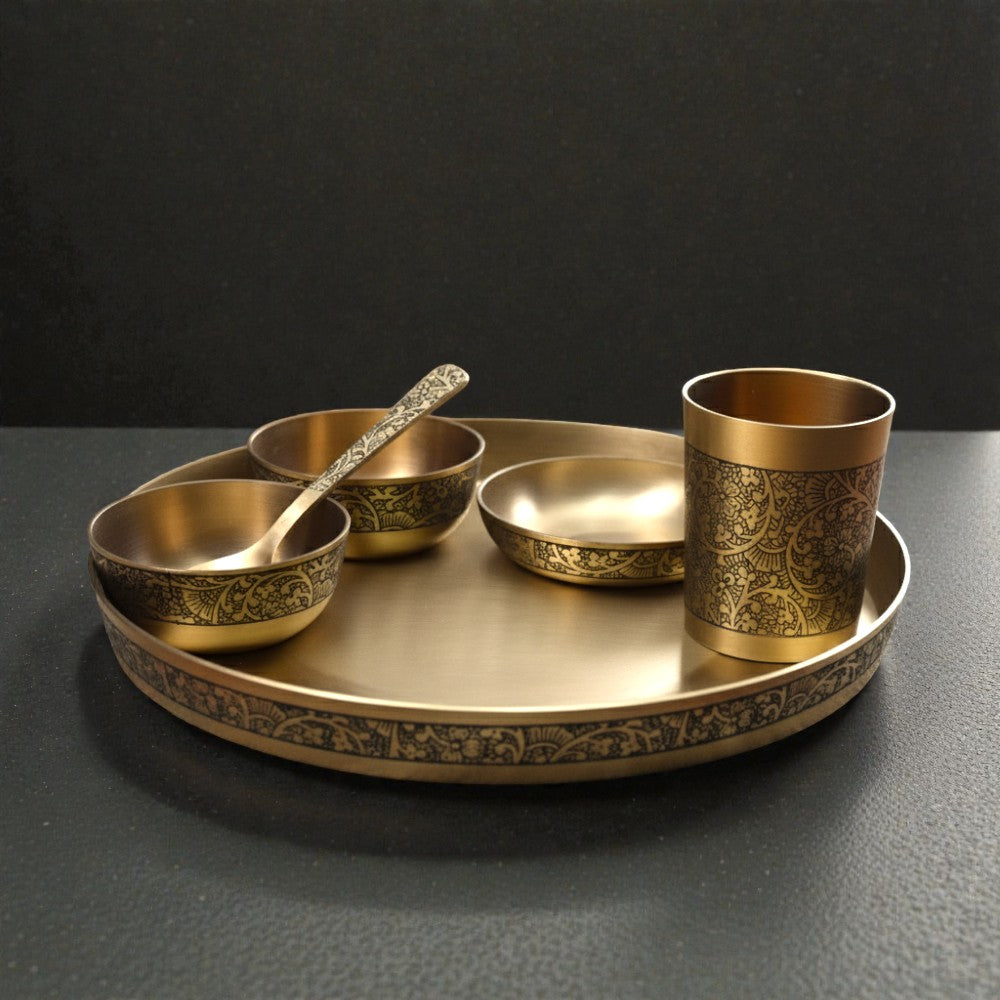 Matt 12Inch Kansa Utensil 6 Piece Embossed Designer Dinner Thali Set for Home Hotel Restaurant with 1 Dinner Plate, 2 Bowl, 1 Rice Plate, 1 Glass, & 1 Spoon