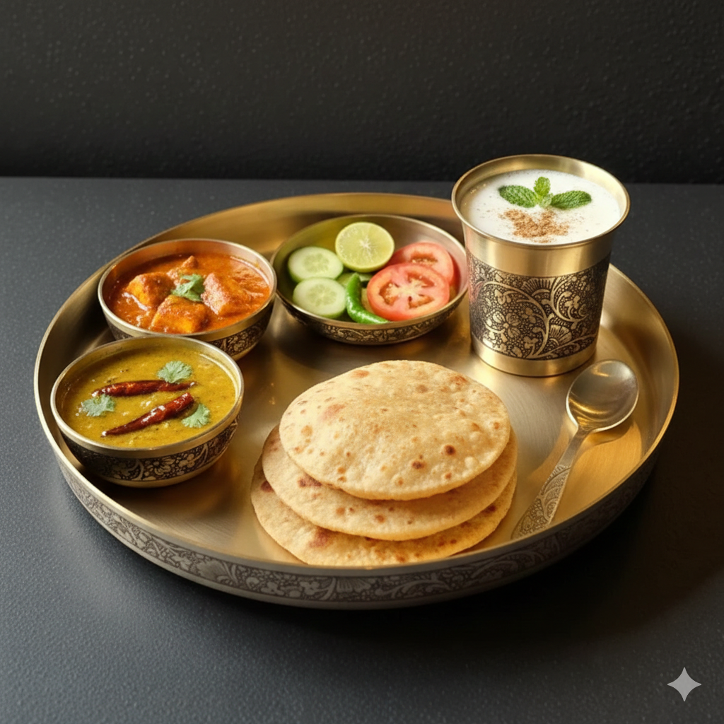 Matt 12Inch Kansa Utensil 6 Piece Embossed Designer Dinner Thali Set for Home Hotel Restaurant with 1 Dinner Plate, 2 Bowl, 1 Rice Plate, 1 Glass, & 1 Spoon