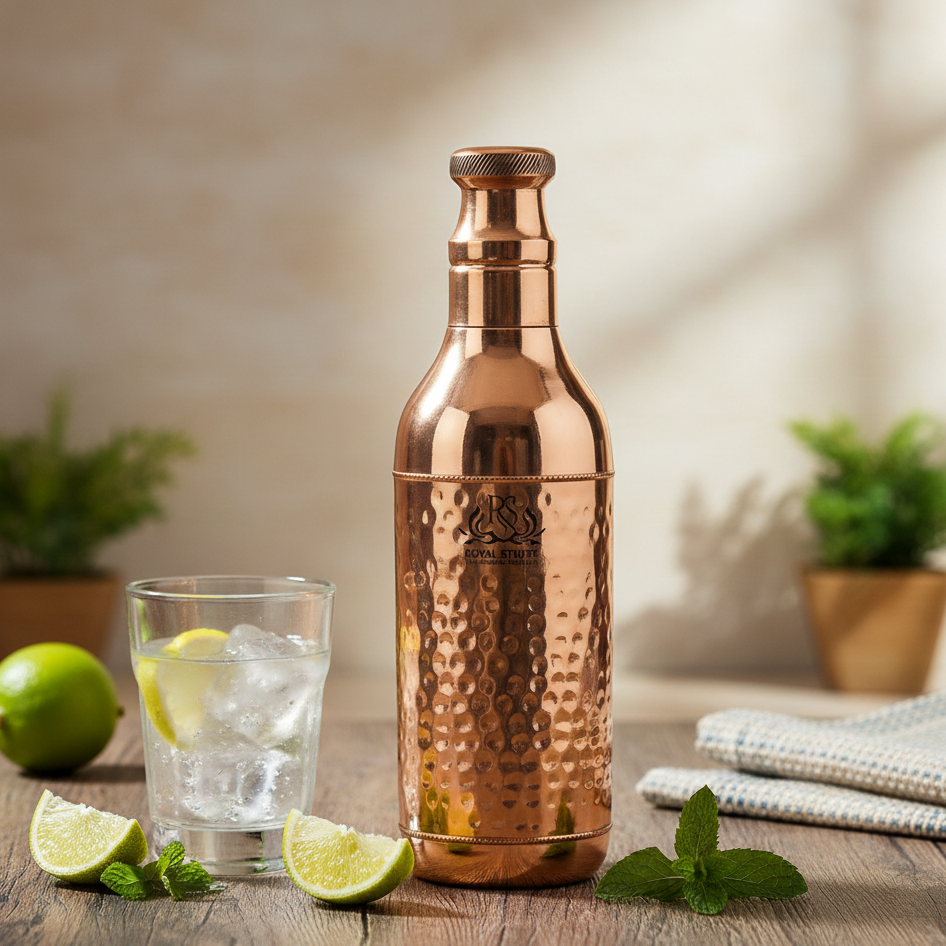 ROYALSTUFFS Handcrafted Copper Water Bottle 1200 ML | Hammered Polish Water Bottle Leak Proof | Copper Bottle Champagne Shape For Water