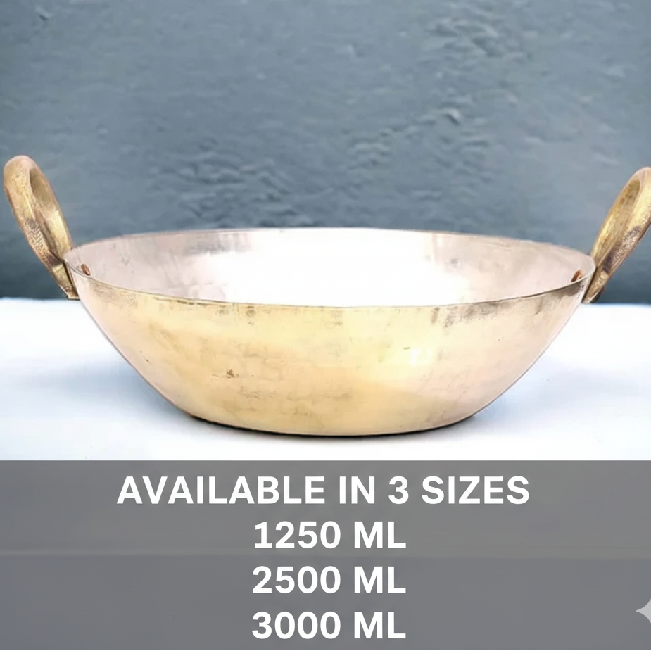 Brass bowl with handles on a gray background, text indicating available sizes.