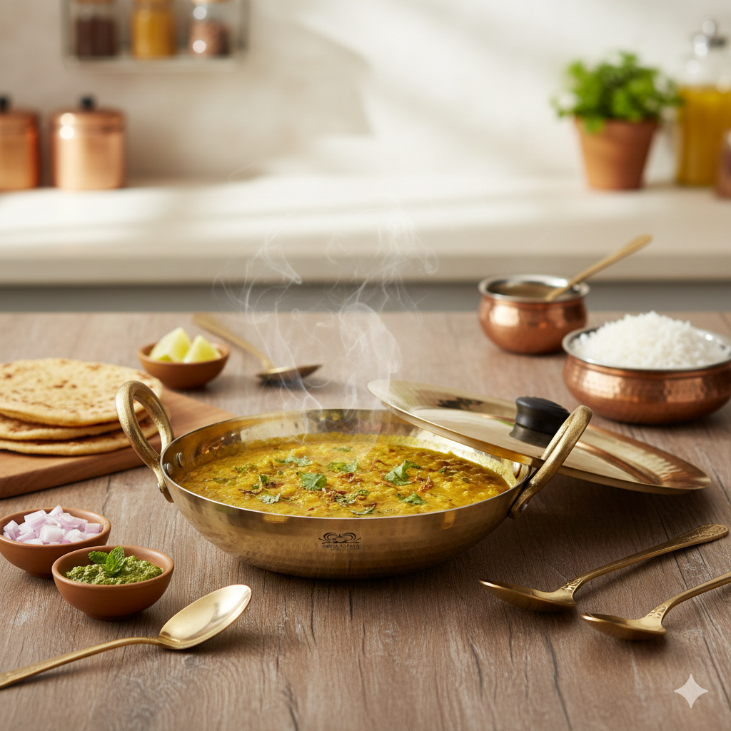 Steaming curry in a brass pot on a wooden table with rice and naan bread in the background.