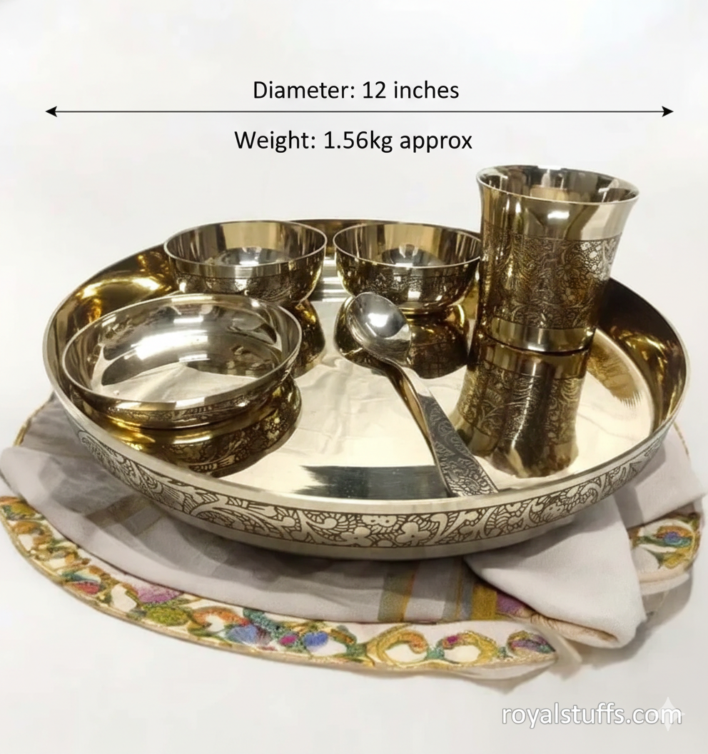 ROYALSTUFFS 12Inch Kansa Utensil 6 Piece Embossed Designer Dinner Thali Set for Home Hotel Restaurant with 1 Dinner Plate, 2 Bowl, 1 Rice Plate, 1 Glass, & 1 Spoon