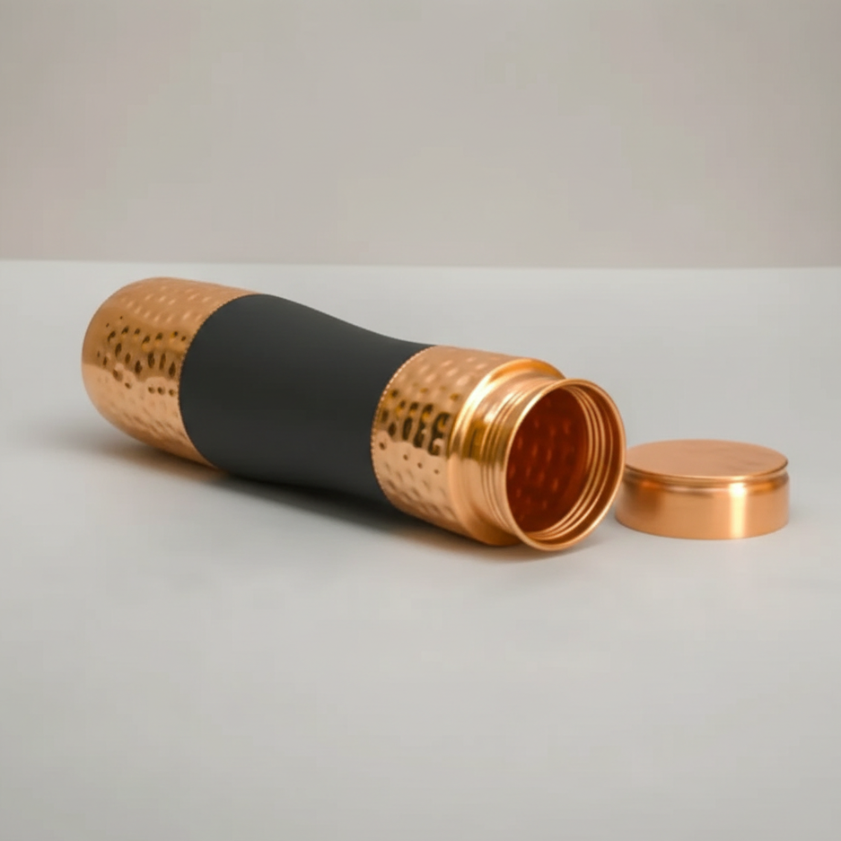 ROYALSTUFFS Pure Copper Hammered Design Pitchers And Bedside Carafes With Tumbler Water Bottle Storage With Lid 1000 ML (Black)