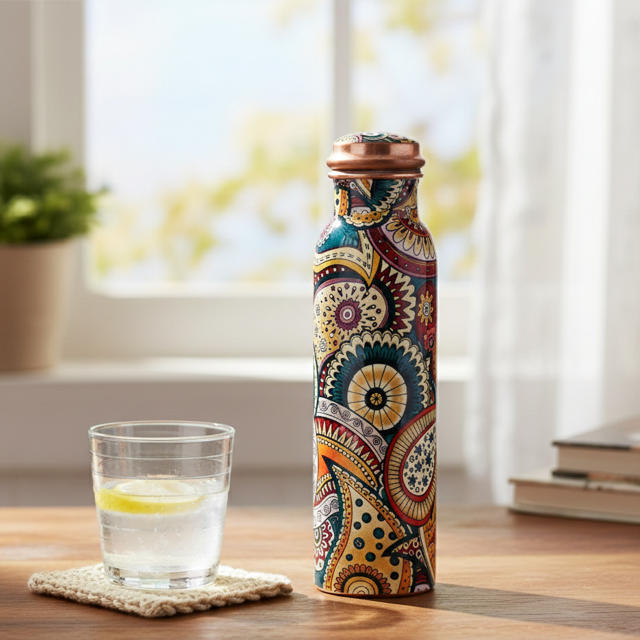 Colorful patterned bottle on a wooden table with a glass of water and lemon.